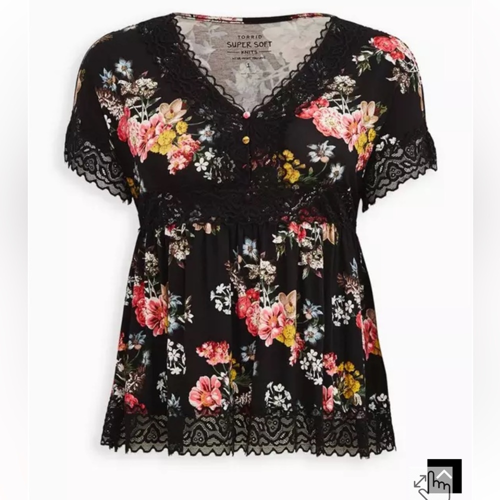 Torrid Black Floral Lace Trim Blouse